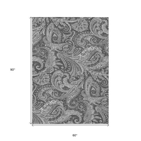 Homeroots 3' Stylish Green And Ivory Paisley Washable Area Rug For Indoor And Outdoor Spaces, Durable Design 5' X 8' Polyester 580173
