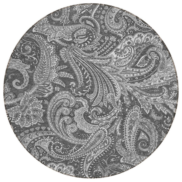 HomeRoots 5' Gray Charcoal and Ivory Paisley Washable Area Rug for Indoor and Outdoor Spaces – Durable & Stylish 8' Round 580174
