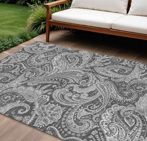 HomeRoots 5' Gray Charcoal and Ivory Paisley Washable Area Rug for Indoor and Outdoor Spaces – Durable & Stylish 8' X 10' 580175