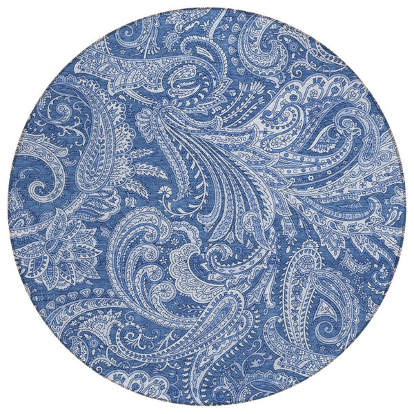 HomeRoots 5' Navy and Denim Blue Paisley Area Rug - Durable, Washable, Stylish for Indoor and Outdoor Spaces 8' Round 580186