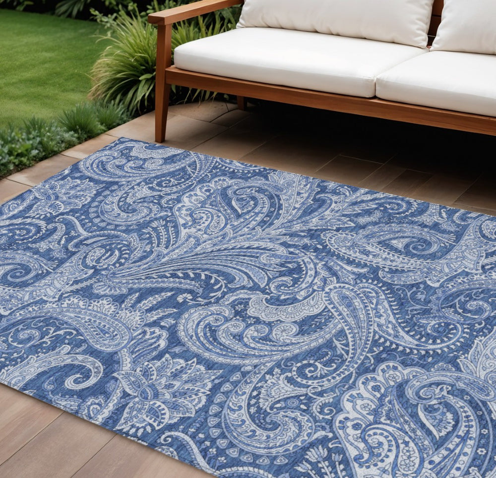 HomeRoots 9' Navy Blue and Denim Paisley Indoor Outdoor Area Rug - Durable, Washable, Stylish Home Decor Solution 9' X 12' 580188
