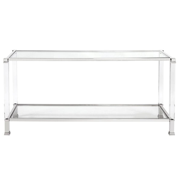 Howard Elliott Clare Console Table - Stunning Mixed Materials With Acrylic Legs & Glass Surface For Modern Elegance Silver Stainless Steel ,Acrylic ,Glass 58019-howard-elliott