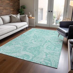 Homeroots 3' Stylish Green And Ivory Paisley Washable Area Rug For Indoor And Outdoor Spaces, Durable Design 5' X 8' Polyester 580191