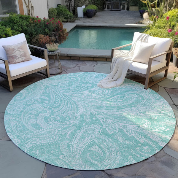 Homeroots 3' Stylish Green And Ivory Paisley Washable Area Rug For Indoor And Outdoor Spaces, Durable Design 8' Round Polyester 580192