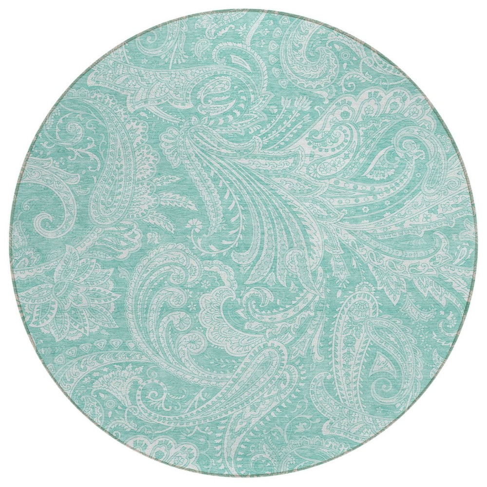 HomeRoots 5' Teal Blue and Ivory Paisley Area Rug – Durable, Washable Design for Indoor and Outdoor Spaces 8' Round 580192