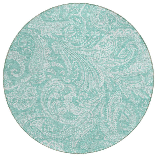 HomeRoots 5' Teal Blue and Ivory Paisley Area Rug – Durable, Washable Design for Indoor and Outdoor Spaces 8' Round 580192