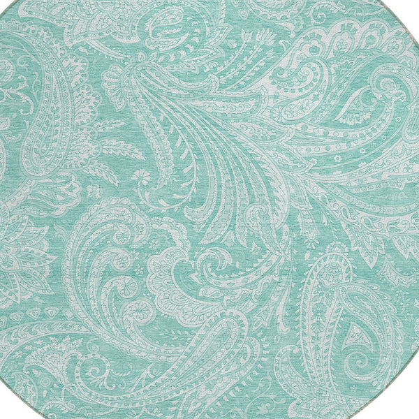 Homeroots 3' Stylish Green And Ivory Paisley Washable Area Rug For Indoor And Outdoor Spaces, Durable Design 8' Round Polyester 580192