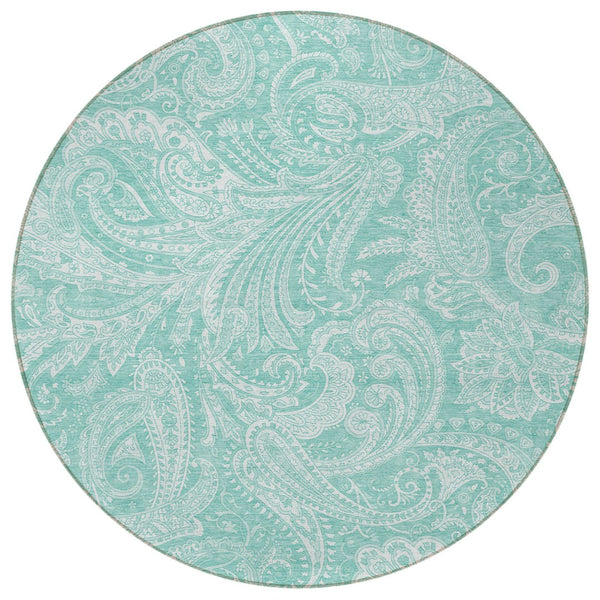 Homeroots 3' Stylish Green And Ivory Paisley Washable Area Rug For Indoor And Outdoor Spaces, Durable Design 8' Round Polyester 580192
