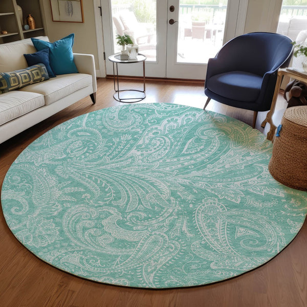 Homeroots 3' Stylish Green And Ivory Paisley Washable Area Rug For Indoor And Outdoor Spaces, Durable Design 8' Round Polyester 580192