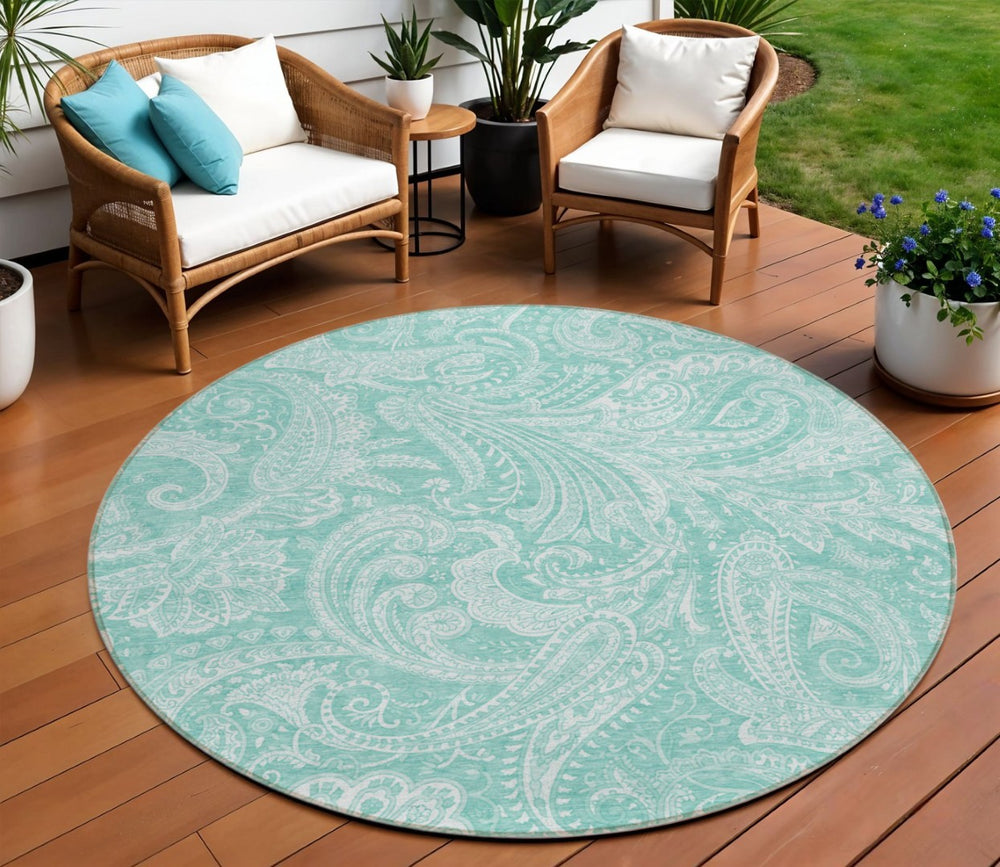 HomeRoots 5' Teal Blue and Ivory Paisley Area Rug – Durable, Washable Design for Indoor and Outdoor Spaces 8' Round 580192