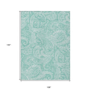 Homeroots 3' Stylish Green And Ivory Paisley Washable Area Rug For Indoor And Outdoor Spaces, Durable Design 9' X 12' Polyester 580194