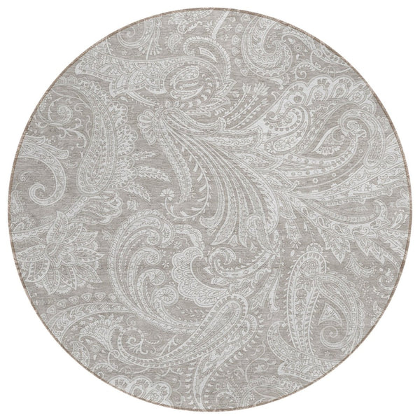 HomeRoots 5' Elegant Taupe Beige and Ivory Paisley Indoor Outdoor Area Rug - Stylish, Washable, Durable Design! 8' Round 580198