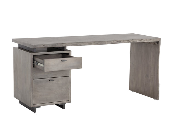 Sunpan Lewis Desk - Stunning Live Edge Design with Solid Acacia Wood, Brass Accents, and Three Drawers Grey