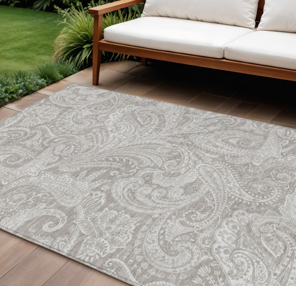 HomeRoots 9' Durable Taupe Beige and Ivory Paisley Washable Area Rug for Indoor and Outdoor Elegance 9' X 12' 580200