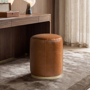 English Elm Nico Genuine Leather Drum Ottoman Stool with Brass Base for Living Room or Bedroom B2719P485493