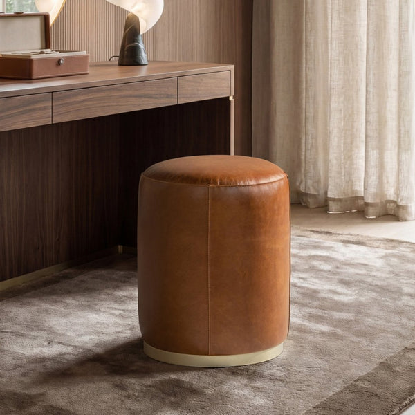 English Elm Nico Genuine Leather Drum Ottoman Stool with Brass Base for Living Room or Bedroom B2719P485493
