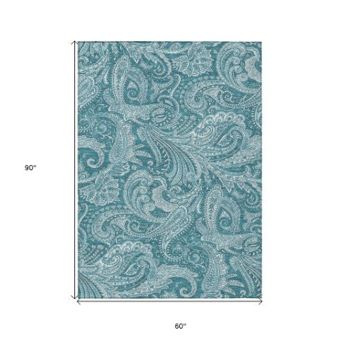 Homeroots 3' Stylish Green And Ivory Paisley Washable Area Rug For Indoor And Outdoor Spaces, Durable Design 5' X 8' Polyester 580203