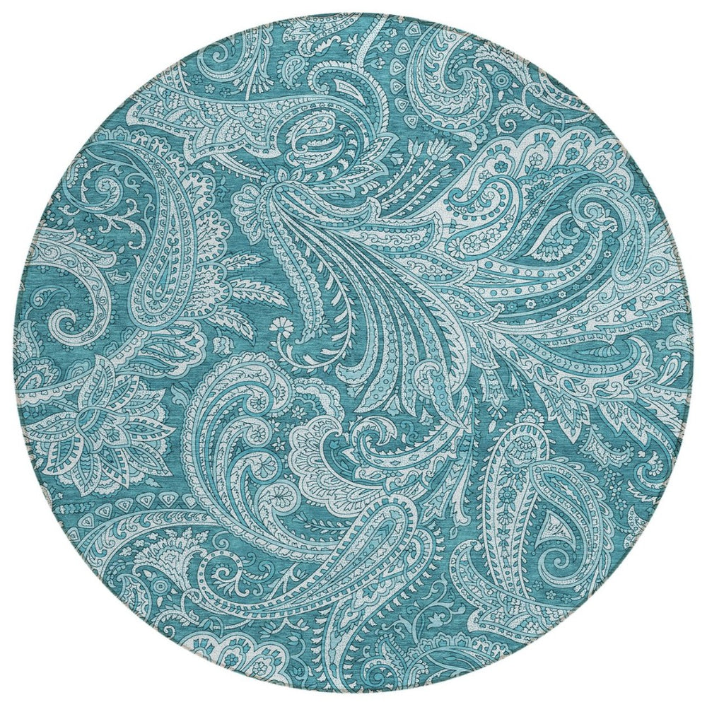 HomeRoots 5' Turquoise and Ivory Paisley Area Rug – Durable, Washable Design for Indoor and Outdoor Spaces 8' Round 580204