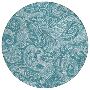 HomeRoots 5' Turquoise and Ivory Paisley Area Rug – Durable, Washable Design for Indoor and Outdoor Spaces 8' Round 580204