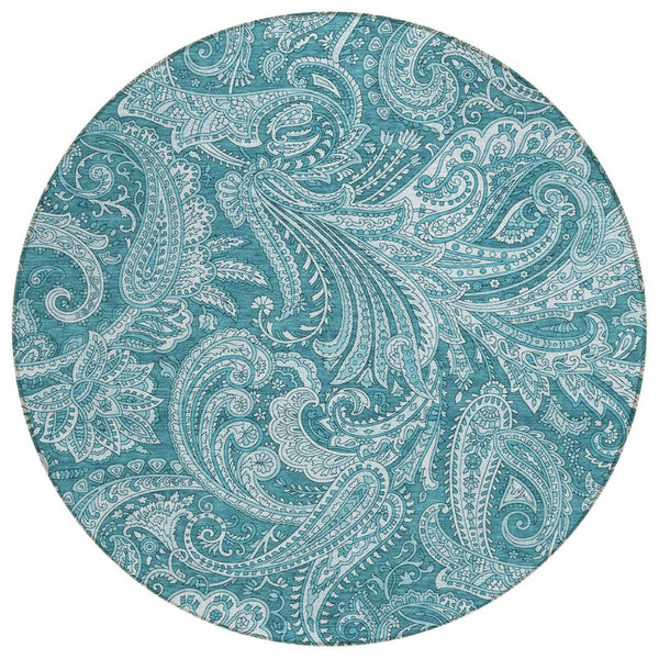 HomeRoots 5' Turquoise and Ivory Paisley Area Rug – Durable, Washable Design for Indoor and Outdoor Spaces 8' Round 580204