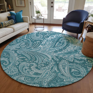 Homeroots 3' Stylish Green And Ivory Paisley Washable Area Rug For Indoor And Outdoor Spaces, Durable Design 8' Round Polyester 580204
