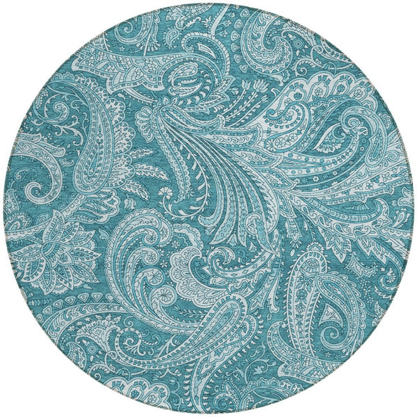 Homeroots 3' Stylish Green And Ivory Paisley Washable Area Rug For Indoor And Outdoor Spaces, Durable Design 8' Round Polyester 580204