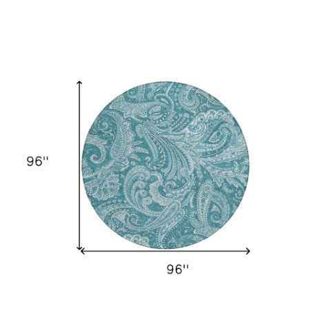 Homeroots 3' Stylish Green And Ivory Paisley Washable Area Rug For Indoor And Outdoor Spaces, Durable Design 8' Round Polyester 580204