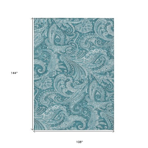 Homeroots 3' Stylish Green And Ivory Paisley Washable Area Rug For Indoor And Outdoor Spaces, Durable Design 9' X 12' Polyester 580206