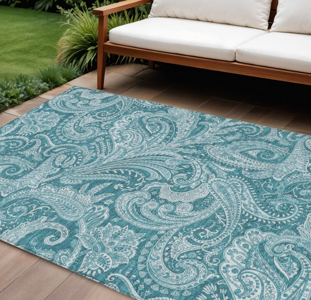 HomeRoots 9' Turquoise and Ivory Paisley Area Rug - Durable, Washable Design for Indoor and Outdoor Spaces 9' X 12' 580206