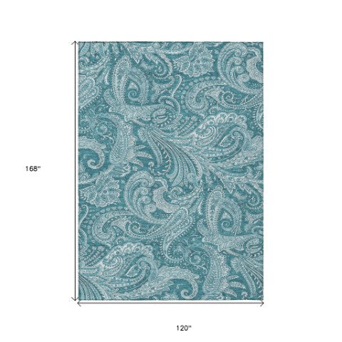 Homeroots 3' Stylish Green And Ivory Paisley Washable Area Rug For Indoor And Outdoor Spaces, Durable Design 10' X 14' Polyester 580207