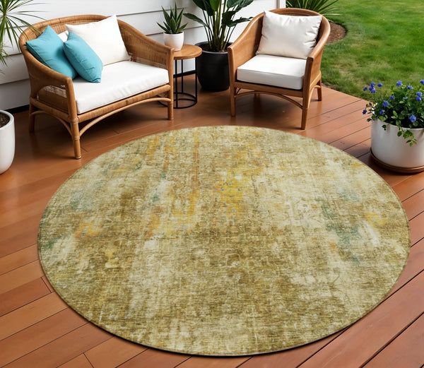 Homeroots 3' Brown Beige And Gold Abstract Washable Area Rug For Indoor And Outdoor Spaces, Durable Design 8' Round Polyester 580210