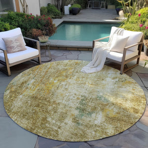 Homeroots 3' Brown Beige And Gold Abstract Washable Area Rug For Indoor And Outdoor Spaces, Durable Design 8' Round Polyester 580210
