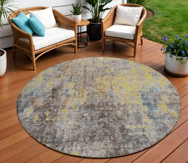 Homeroots 3' Brown Beige And Gold Abstract Washable Area Rug For Indoor And Outdoor Spaces, Durable Design 8' Round Polyester 580222