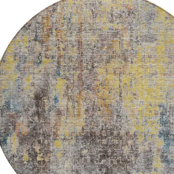 Homeroots 3' Brown Beige And Gold Abstract Washable Area Rug For Indoor And Outdoor Spaces, Durable Design 8' Round Polyester 580222