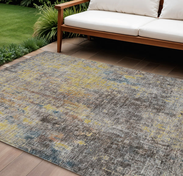 Homeroots 3' Brown Beige And Gold Abstract Washable Area Rug For Indoor And Outdoor Spaces, Durable Design 8' X 10' Polyester 580223