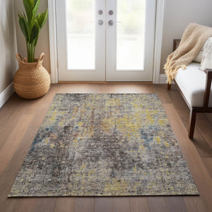 Homeroots 3' Brown Beige And Gold Abstract Washable Area Rug For Indoor And Outdoor Spaces, Durable Design 8' X 10' Polyester 580223