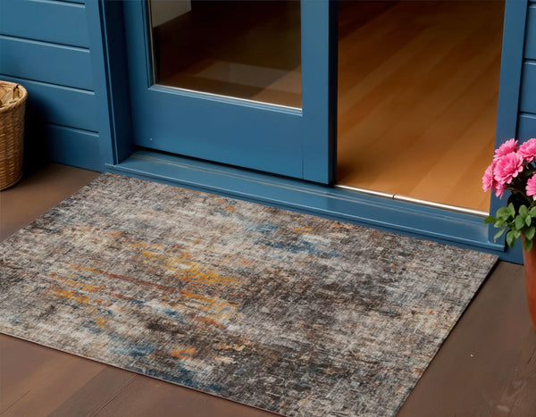 Homeroots 3' Brown Beige And Gold Abstract Washable Area Rug For Indoor And Outdoor Spaces, Durable Design 3' X 5' Polyester 580232