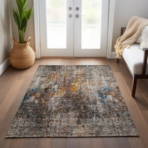 Homeroots 3' Brown Beige And Gold Abstract Washable Area Rug For Indoor And Outdoor Spaces, Durable Design 3' X 5' Polyester 580232