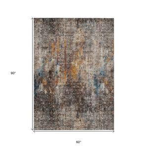 Homeroots 3' Brown Beige And Gold Abstract Washable Area Rug For Indoor And Outdoor Spaces, Durable Design 5' X 8' Polyester 580233