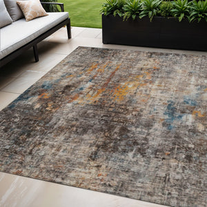Homeroots 3' Brown Beige And Gold Abstract Washable Area Rug For Indoor And Outdoor Spaces, Durable Design 5' X 8' Polyester 580233