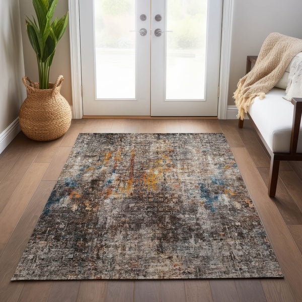 Homeroots 3' Brown Beige And Gold Abstract Washable Area Rug For Indoor And Outdoor Spaces, Durable Design 5' X 8' Polyester 580233