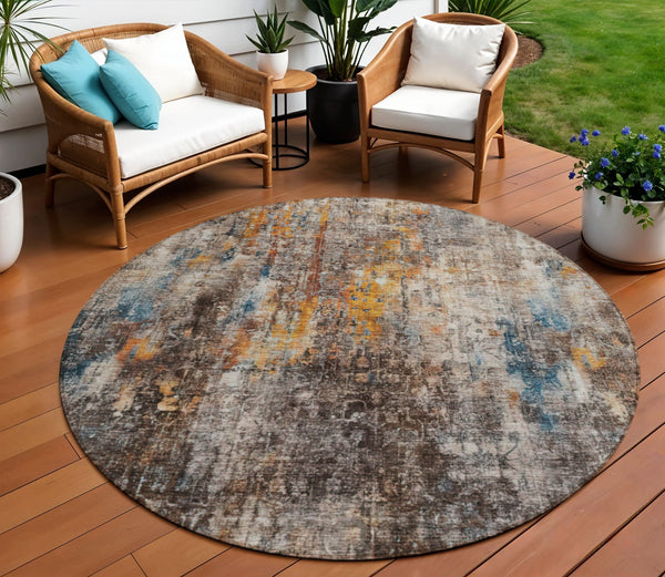 Homeroots 3' Brown Beige And Gold Abstract Washable Area Rug For Indoor And Outdoor Spaces, Durable Design 8' Round Polyester 580234
