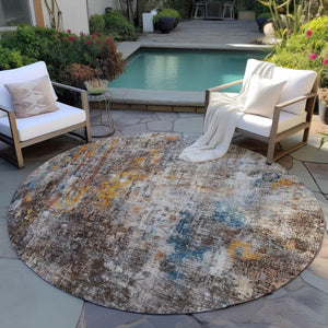 Homeroots 3' Brown Beige And Gold Abstract Washable Area Rug For Indoor And Outdoor Spaces, Durable Design 8' Round Polyester 580234