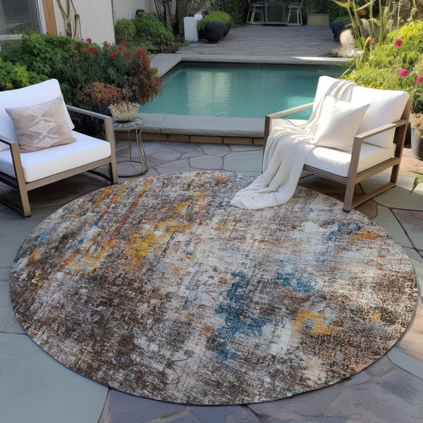 Homeroots 3' Brown Beige And Gold Abstract Washable Area Rug For Indoor And Outdoor Spaces, Durable Design 8' Round Polyester 580234