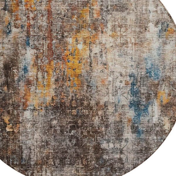 Homeroots 3' Brown Beige And Gold Abstract Washable Area Rug For Indoor And Outdoor Spaces, Durable Design 8' Round Polyester 580234