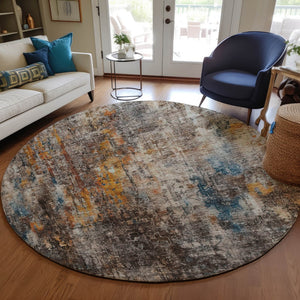 Homeroots 3' Brown Beige And Gold Abstract Washable Area Rug For Indoor And Outdoor Spaces, Durable Design 8' Round Polyester 580234