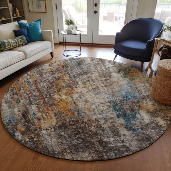 Homeroots 3' Brown Beige And Gold Abstract Washable Area Rug For Indoor And Outdoor Spaces, Durable Design 8' Round Polyester 580234