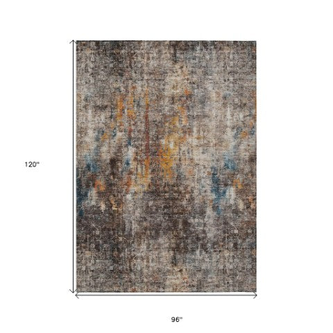 Homeroots 3' Brown Beige And Gold Abstract Washable Area Rug For Indoor And Outdoor Spaces, Durable Design 8' X 10' Polyester 580235