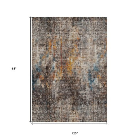 Homeroots 3' Brown Beige And Gold Abstract Washable Area Rug For Indoor And Outdoor Spaces, Durable Design 10' X 14' Polyester 580237