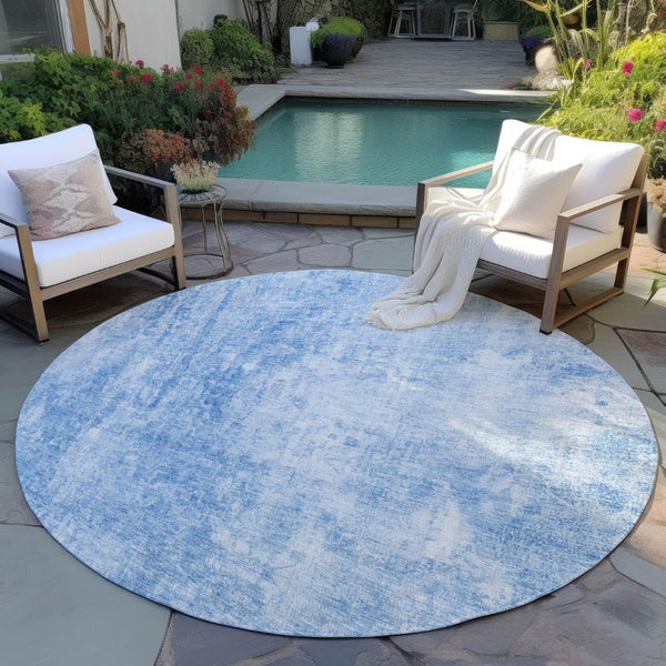 HomeRoots 5' Denim Blue and Ivory Abstract Area Rug - Stylish, Washable, Indoor/Outdoor Design for Versatile Spaces 8' Round 580240